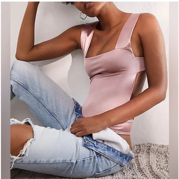 FREE PEOPLE Intimately NWT Oh She’s Strappy Satin Bodysuit, Pink Size M - Picture 2 of 6